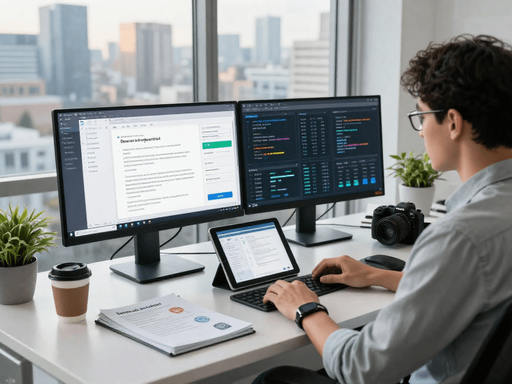 Document fraud detection analysis with digital dashboard and official documents in a modern office.