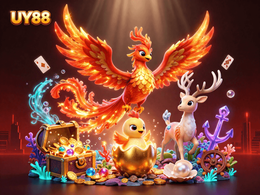 Experience thrilling rewards at UY88 with the mesmerizing phoenix and magical stag in a vibrant casino illustration.