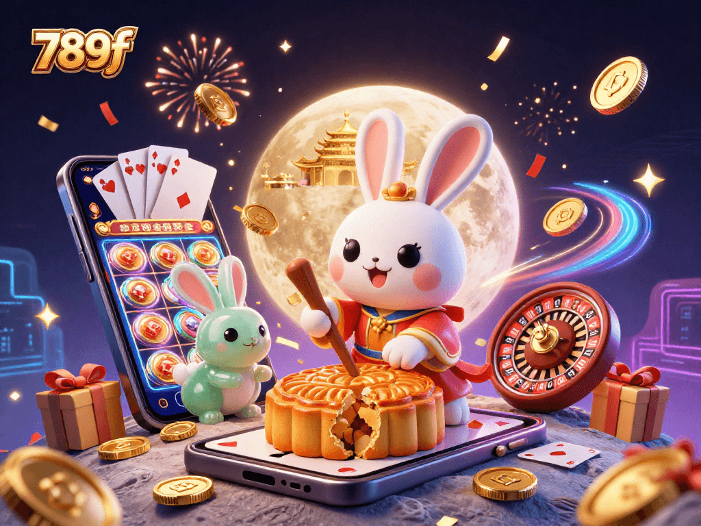 Engage with the 789f casino experience featuring a moon rabbit, slot games, and festive celebrating elements.