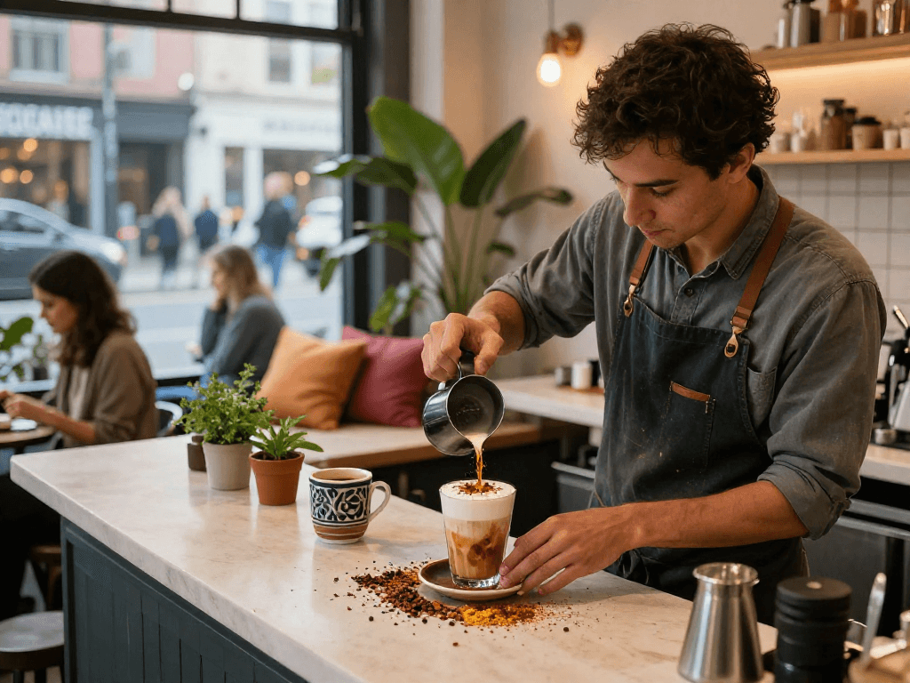 Spicy chat beverage being crafted in a trendy urban café.