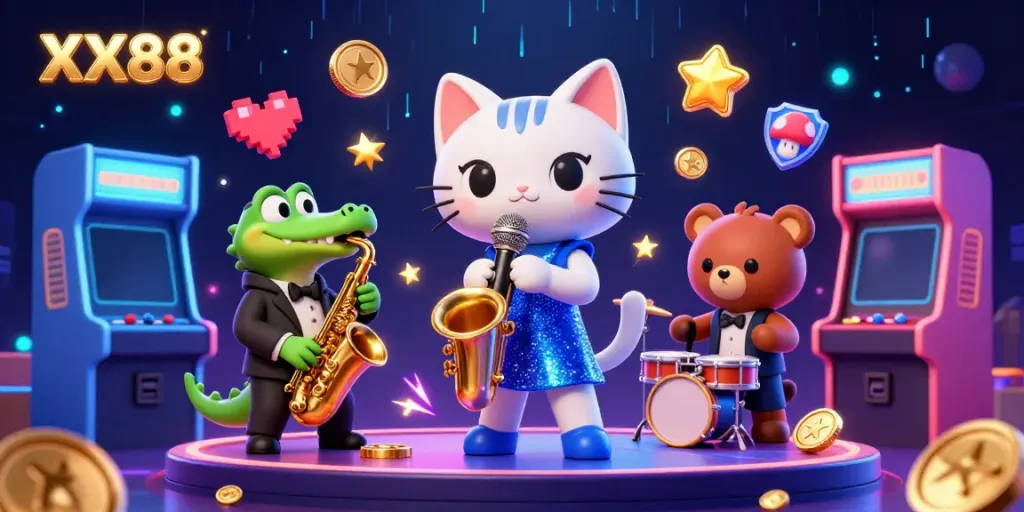 Engage in high-energy games at XX88 with a vibrant scene featuring a jazz-singer cat, crocodile, and bear cub.