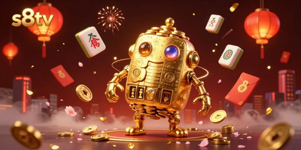 Experience the excitement of s8tv as the golden golem surrounded by vibrant casino elements comes to life.