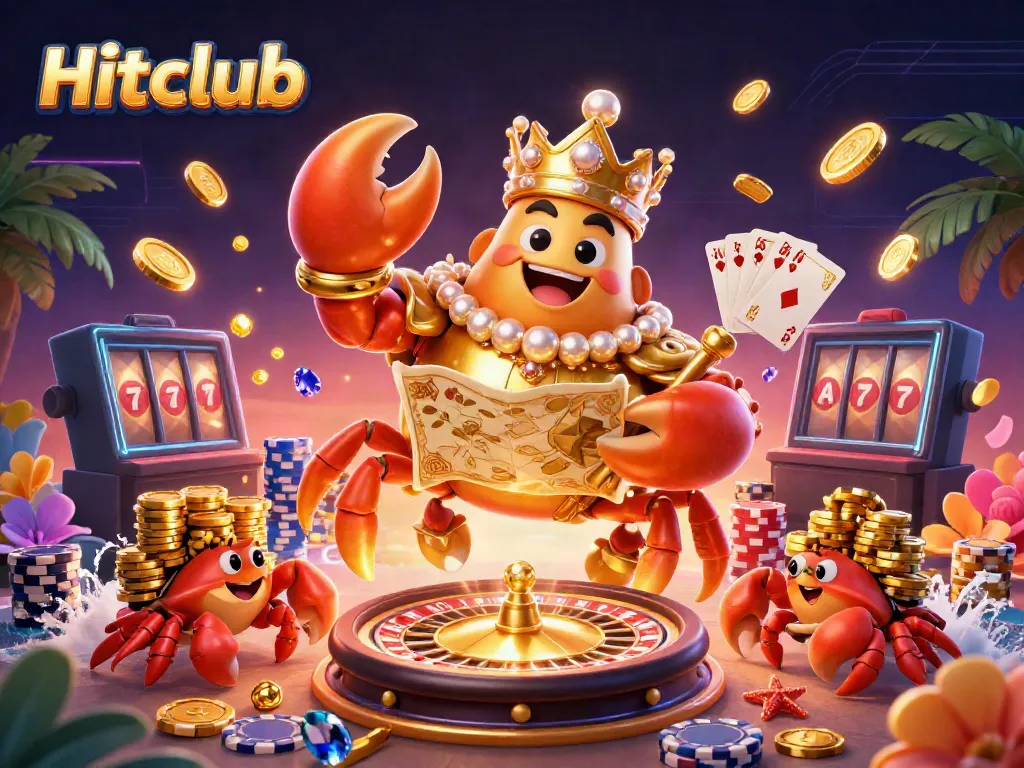 Experience Hitclub with a vibrant 3D illustration showcasing casino excitement and golden rewards.