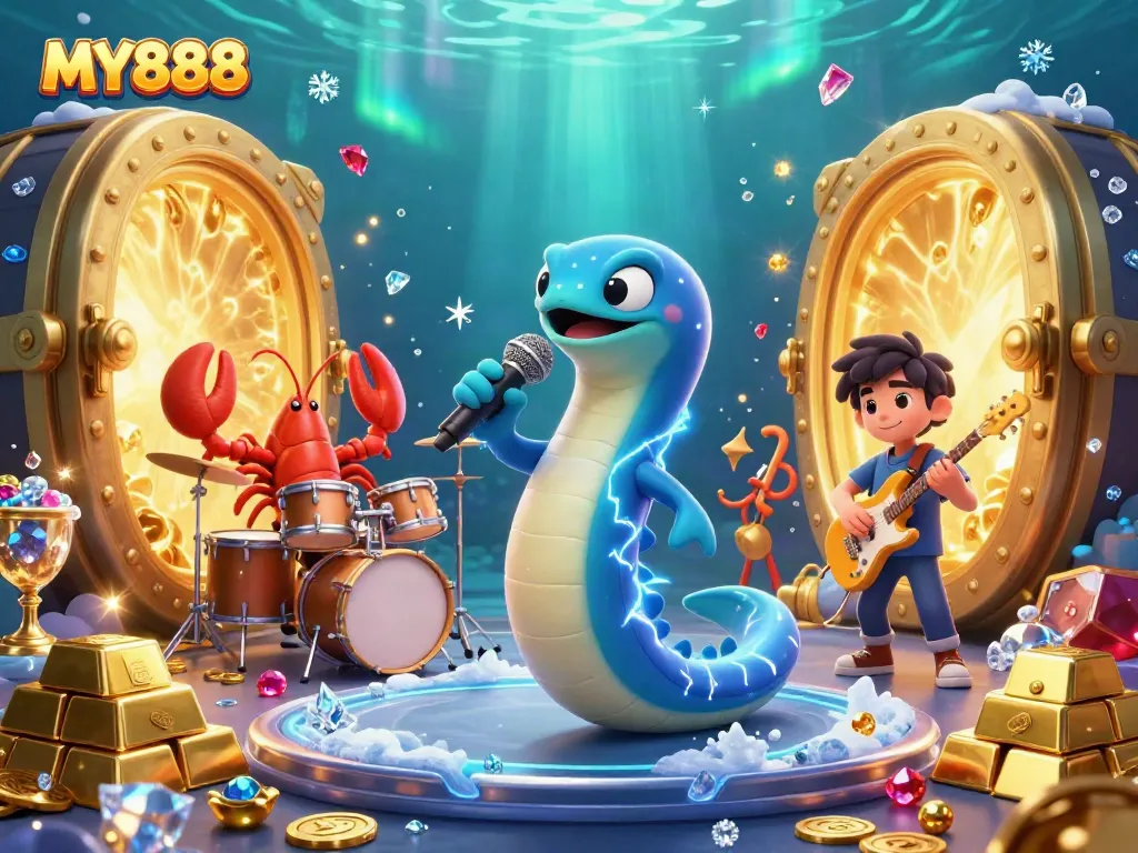 MY888 showcases vibrant underwater casino fun with an electric eel DJ, lobster drummer, and seahorse guitarist.