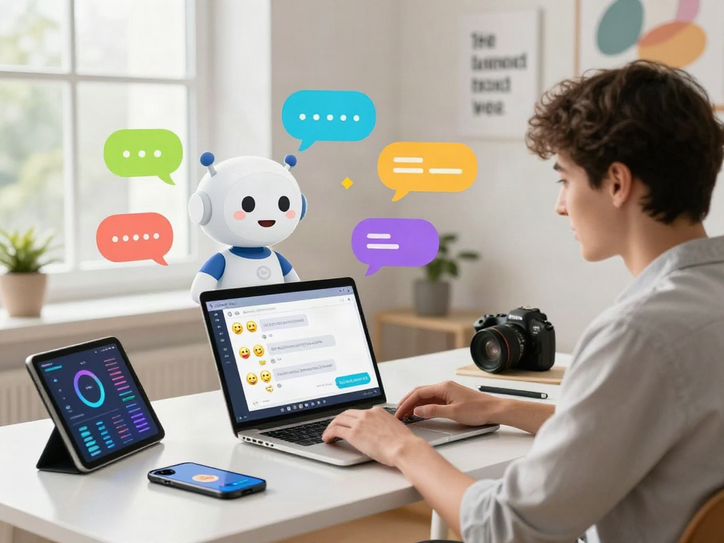 User interacting with a lively spicy chat AI on a laptop, surrounded by digital elements, showcasing an engaging online experience.