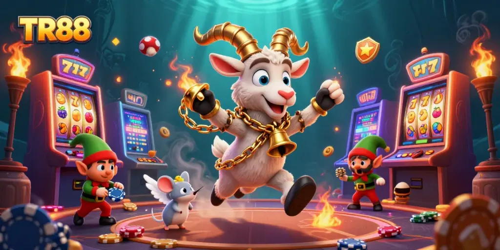 Engage in thrilling slot action with TR88 in a vibrant holiday-horror casino scene.