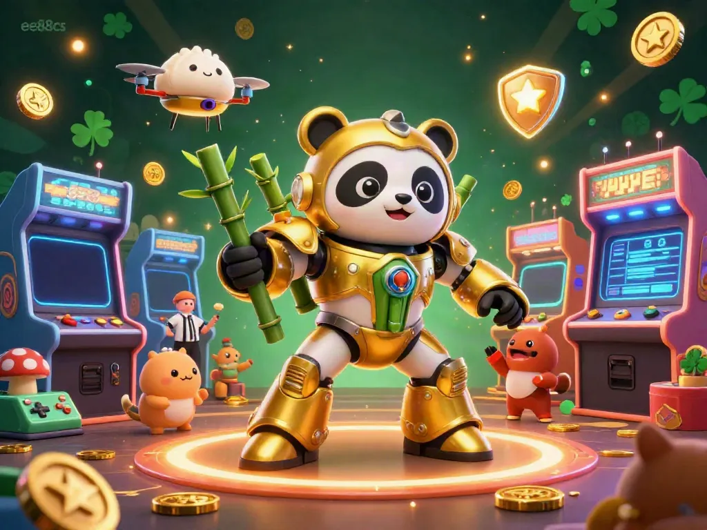 Engage in the excitement of ee88cs with a mech-suit panda in a vibrant casino arena filled with cheering spectators.