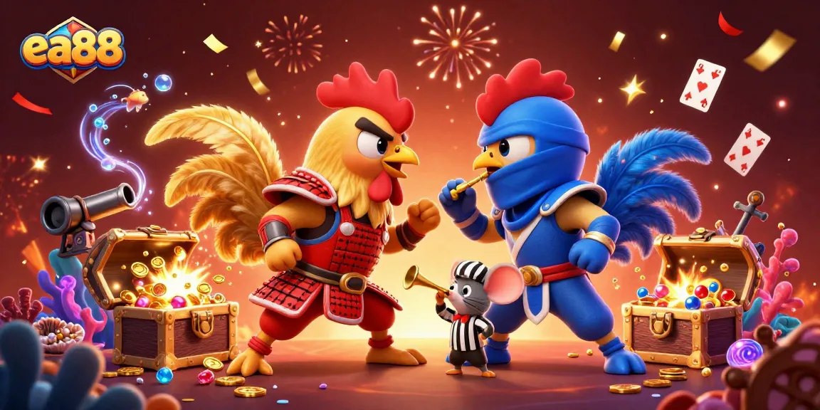 ea88 features an intense standoff of roosters in a vibrant casino-themed illustration.