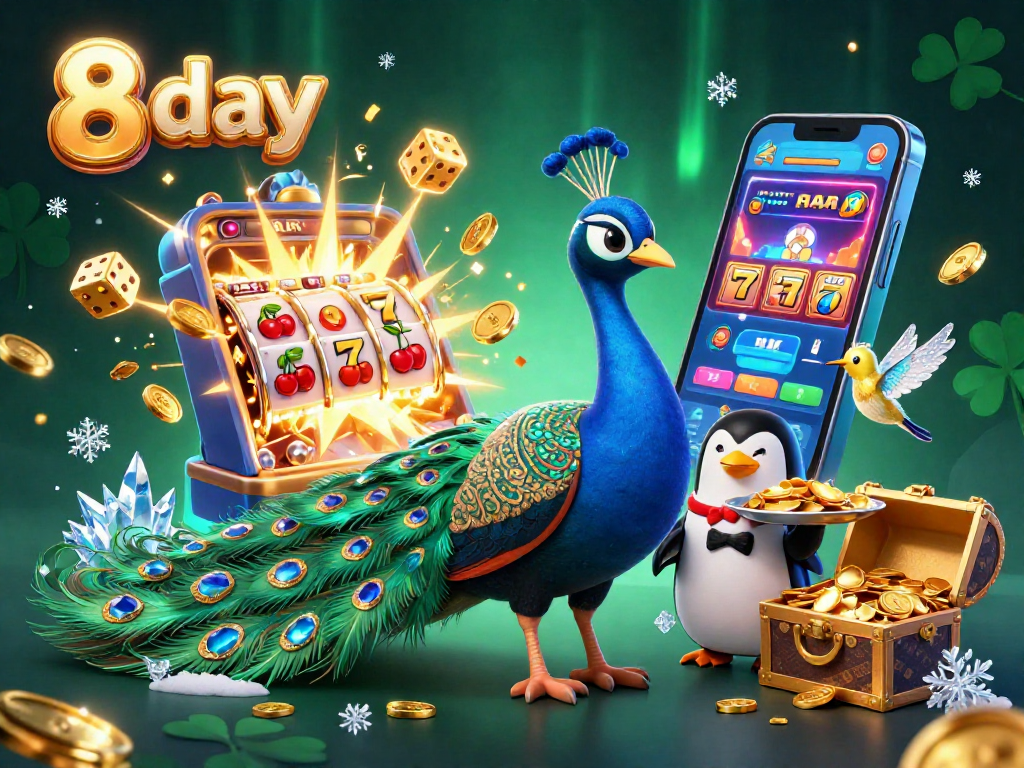 Experience vibrant 8 day casino excitement with a glamorous 3D peacock and dazzling elements in a jackpot scene.
