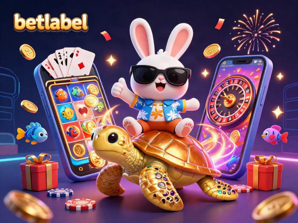 Betlabel showcases a thrilling casino scene with a lucky rabbit and golden turtle amid festive gaming symbols.
