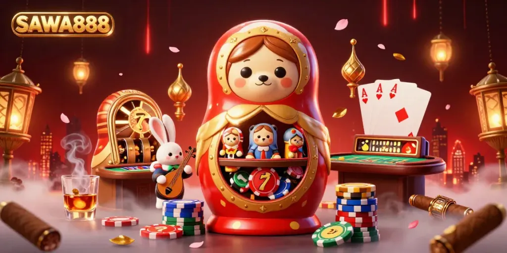 Engage with SAWA888's vibrant 3D casino scene featuring playful bears and dynamic gaming elements.