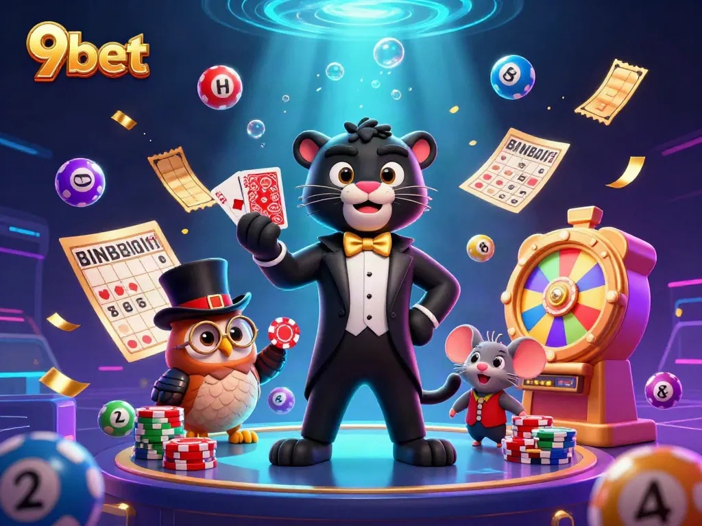 Experience thrilling gaming at 9bet with cartoon characters and vibrant casino elements.