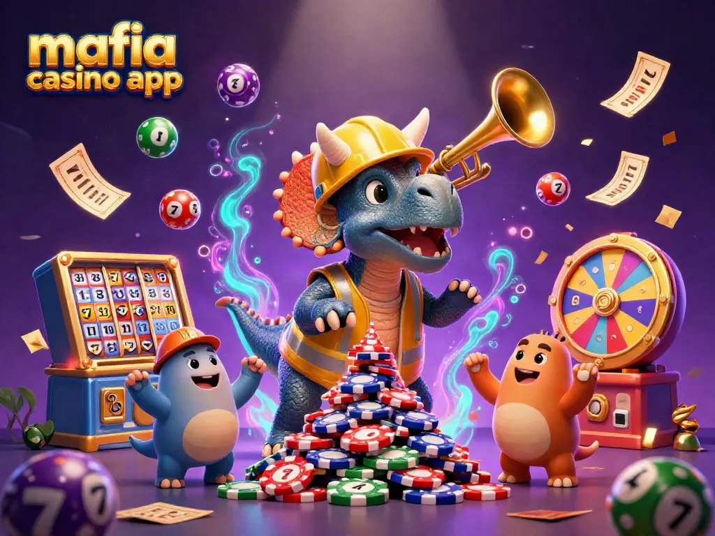 Engage with the mafia casino app as the triceratops stacks chips, celebrating with vibrant games around.