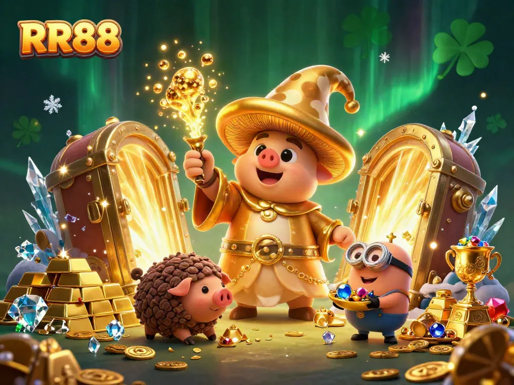 Experience the magic of RR88 with a golden wizard and treasure in this vibrant 3D illustration.