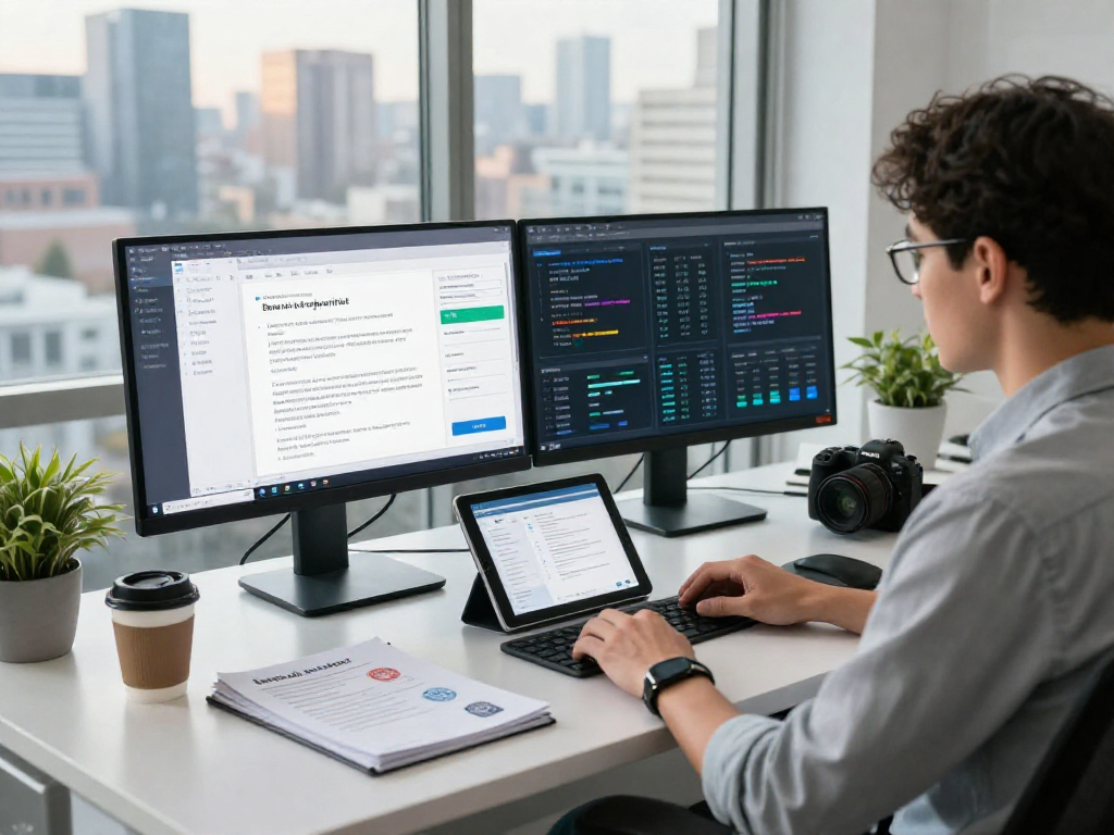 Document fraud detection analysis with digital dashboard and official documents in a modern office.