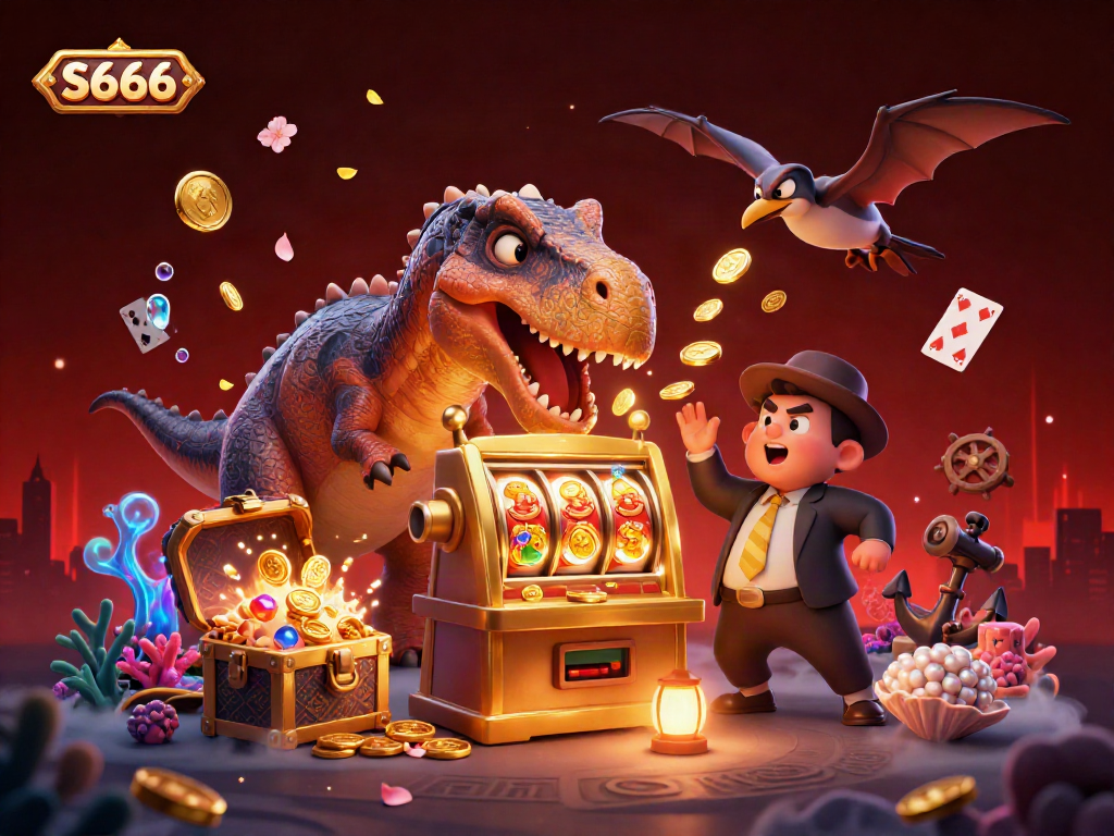 S666 invites excitement as a pachycephalosaurus triggers a golden slot machine jackpot amidst a bustling casino scene.