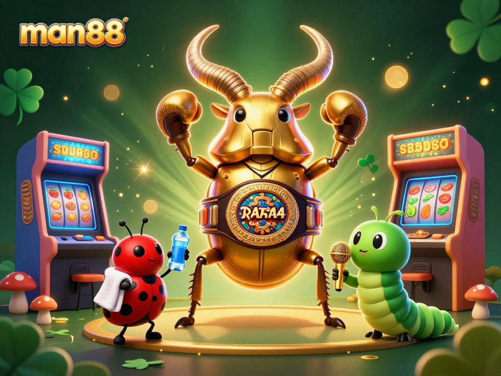 Experience man88's thrilling casino atmosphere with glowing game elements and vibrant characters.