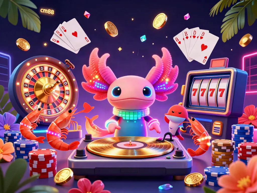 Experience the excitement of cm88 with a neon axolotl DJ and underwater casino fun.