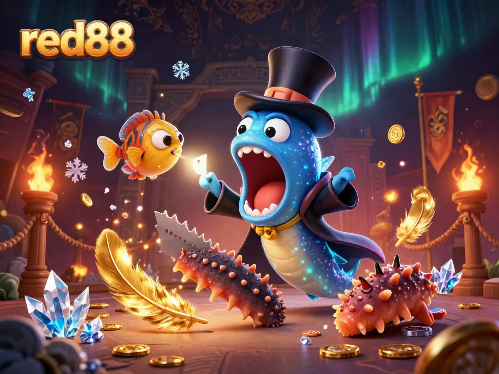 Engage in thrilling card tricks with red88's 3D underwater characters at a vibrant casino scene.