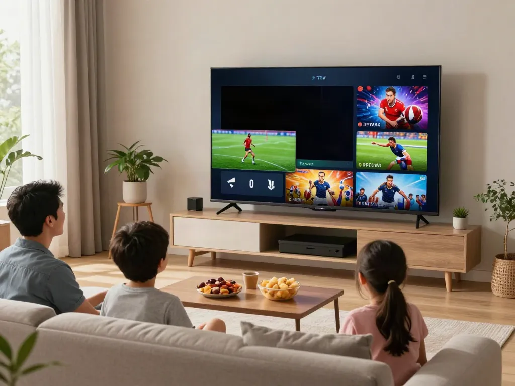 Miglior IPTV family watching a vibrant movie on a smart TV in a cozy living room.