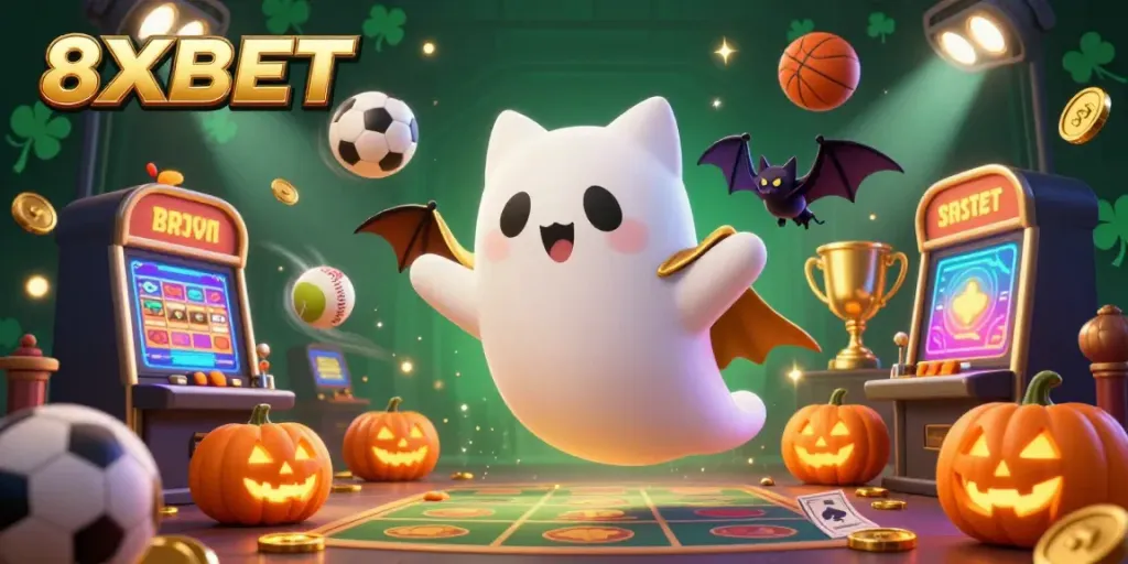 Engage with the energetic 8XBET gaming atmosphere featuring a ghost cat, dynamic sports elements, and glowing poker motifs.