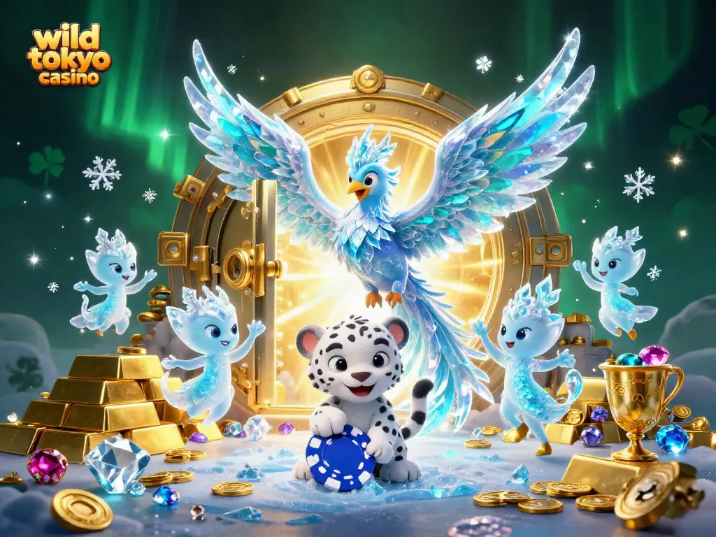 Experience thrilling gameplay at wild tokyo casino with an ice phoenix amidst treasures and magical sprites.