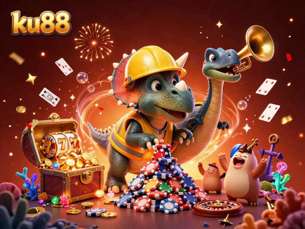 ku88 showcases a triceratops and parasaurolophus celebrating a winning poker hand in a vibrant casino scene