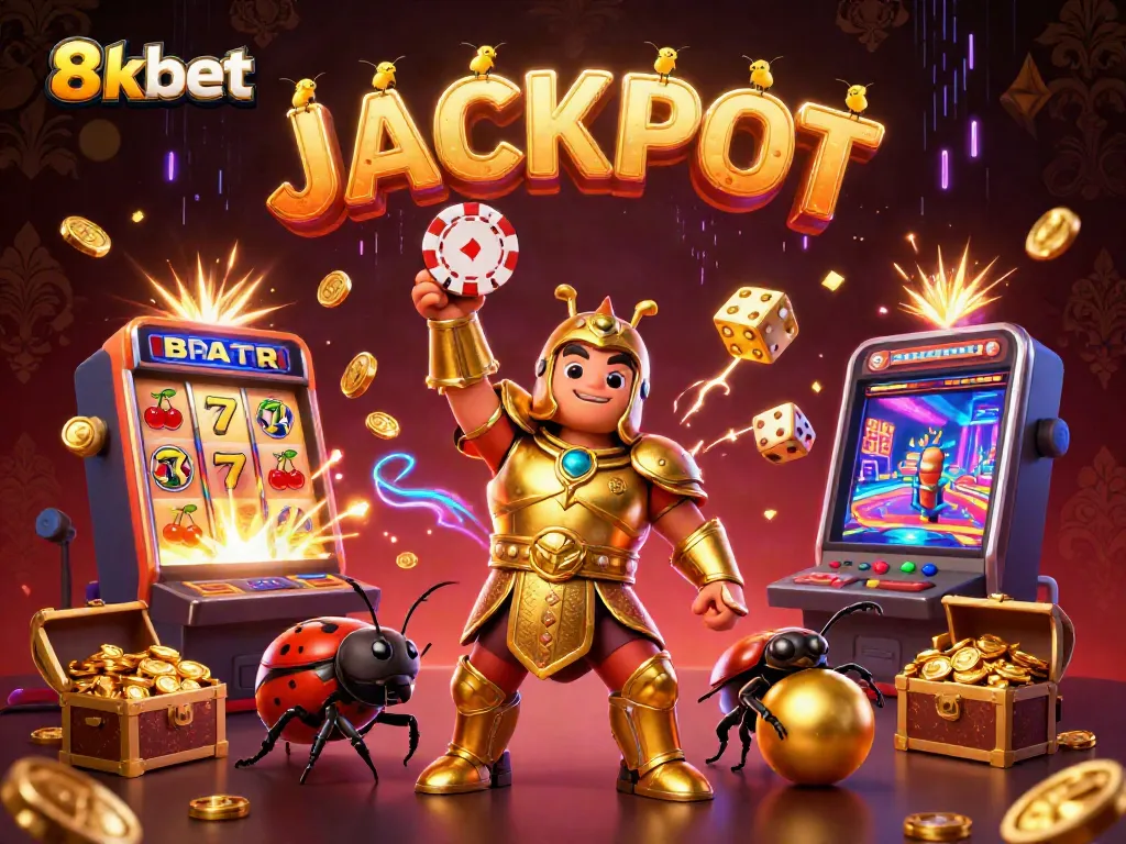 Celebrate big wins at 8xbet with a vibrant jackpot scene featuring lucky characters and casino symbols.