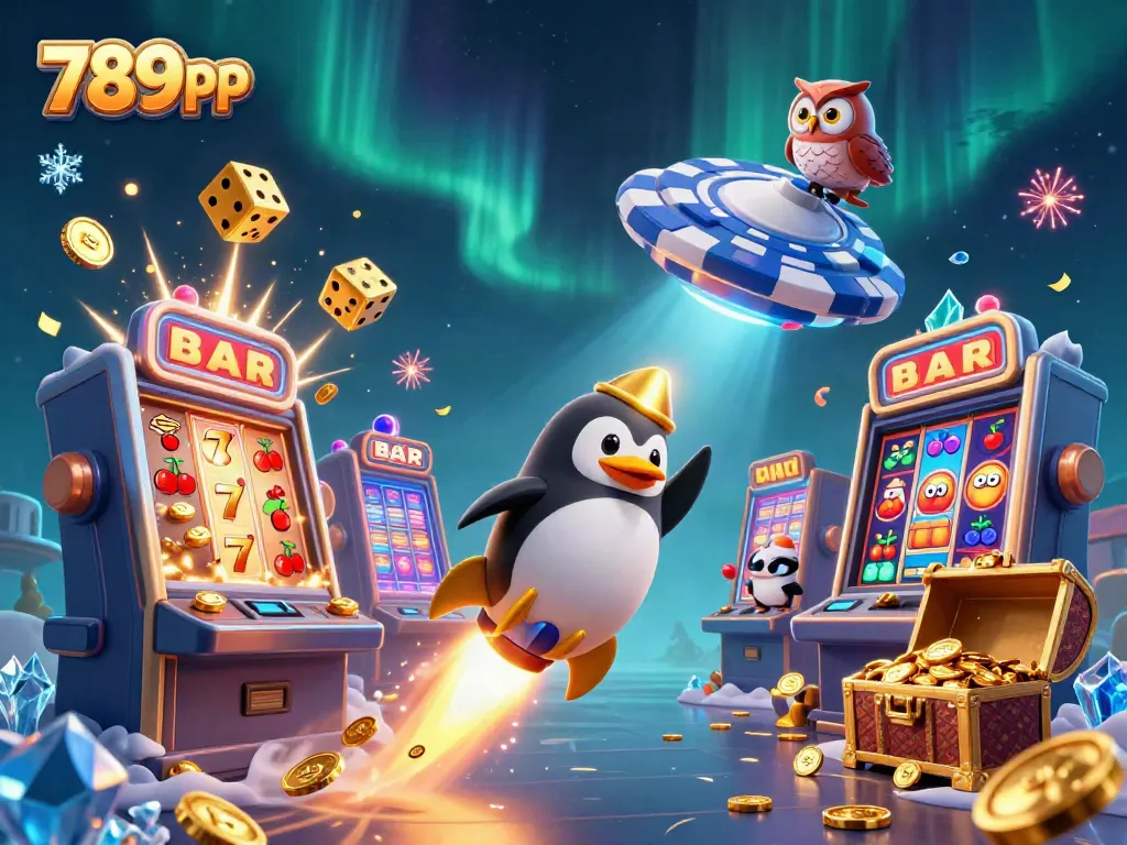 Experience vibrant casino excitement with 789pp through a dynamic 3D illustration of a golden penguin in space.