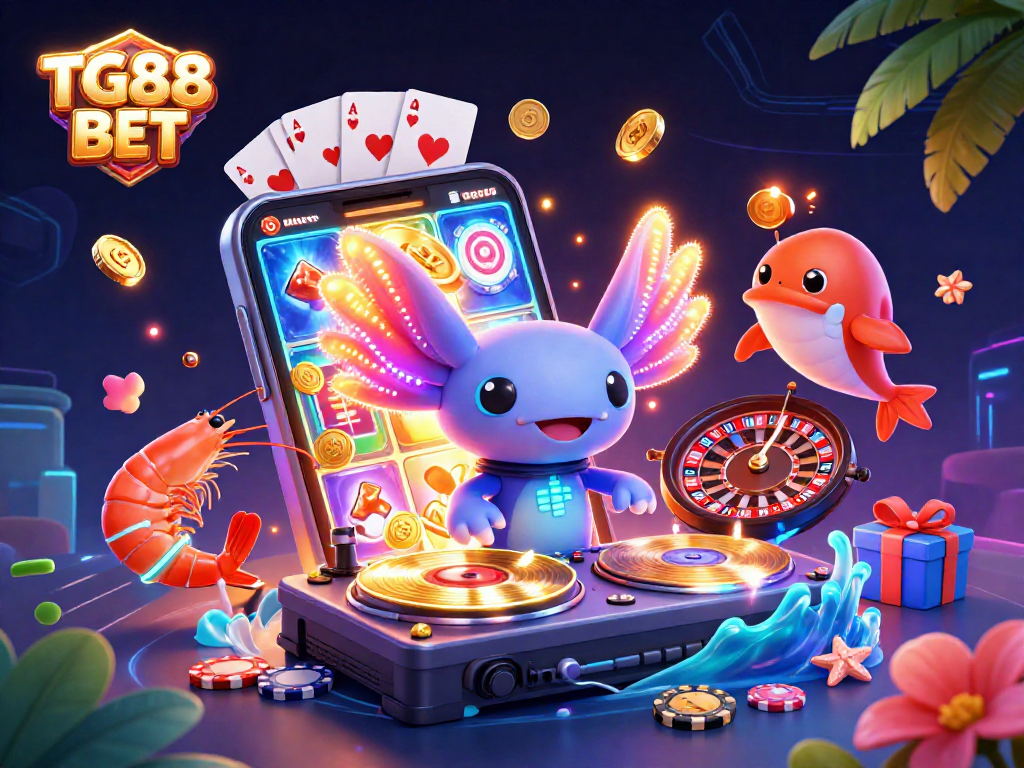 Engage in thrilling gameplay at TG88 BET with vibrant casino-themed illustration featuring energetic characters.