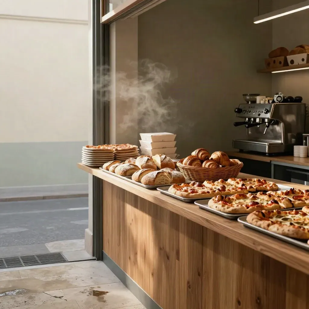 Interno di panetteria milanese con pane, focacce, croissant e macchina da caffè al mattino.