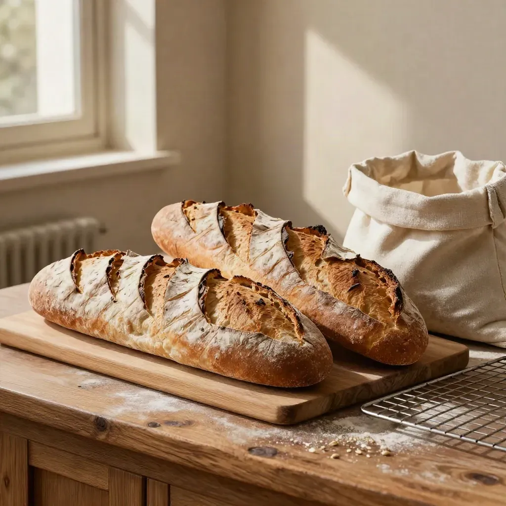 Pane artigianale in un forno, su asse foderata di lino con griglia e sacco di farina.