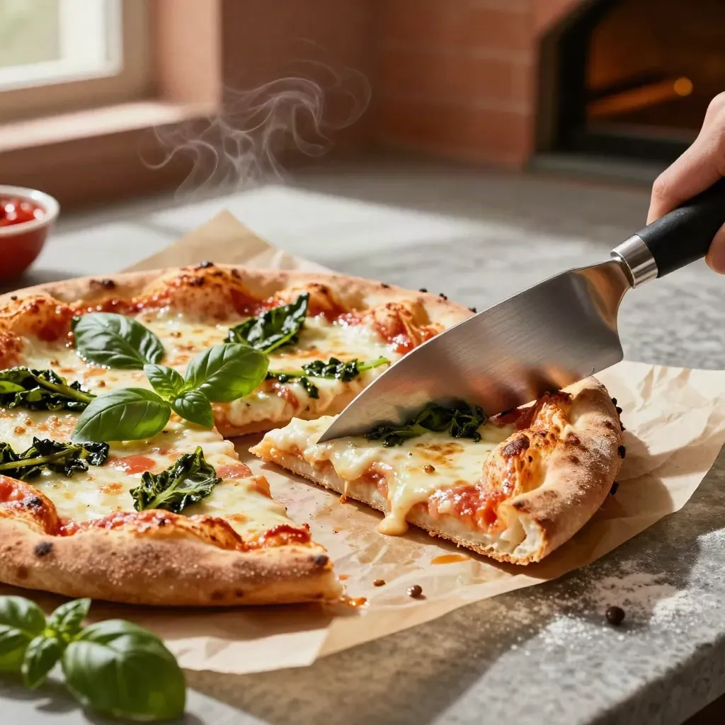 Tranci di pizza appena tagliati su carta forno con pala metallica, basilico e salsa.
