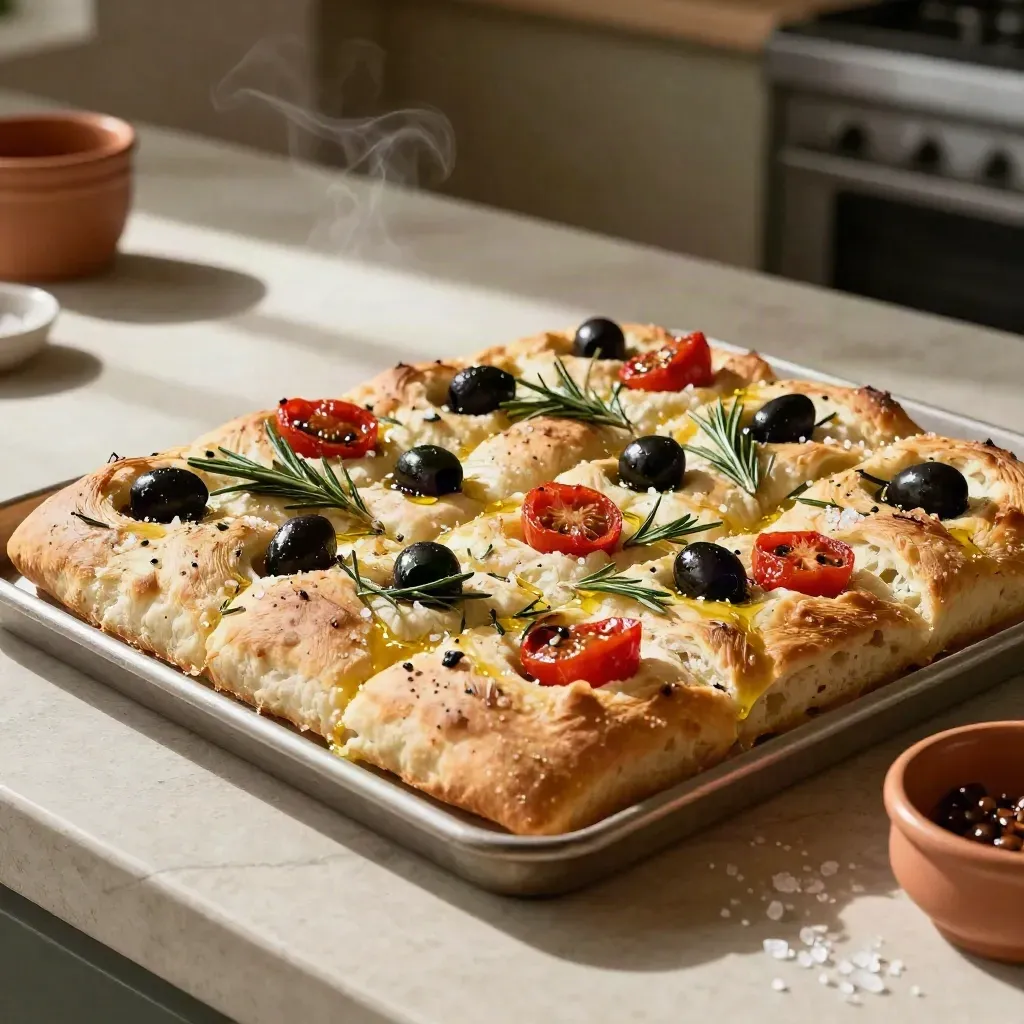 Focaccia milanese dorata con rosmarino, olive e pomodorini su teglia fumante.