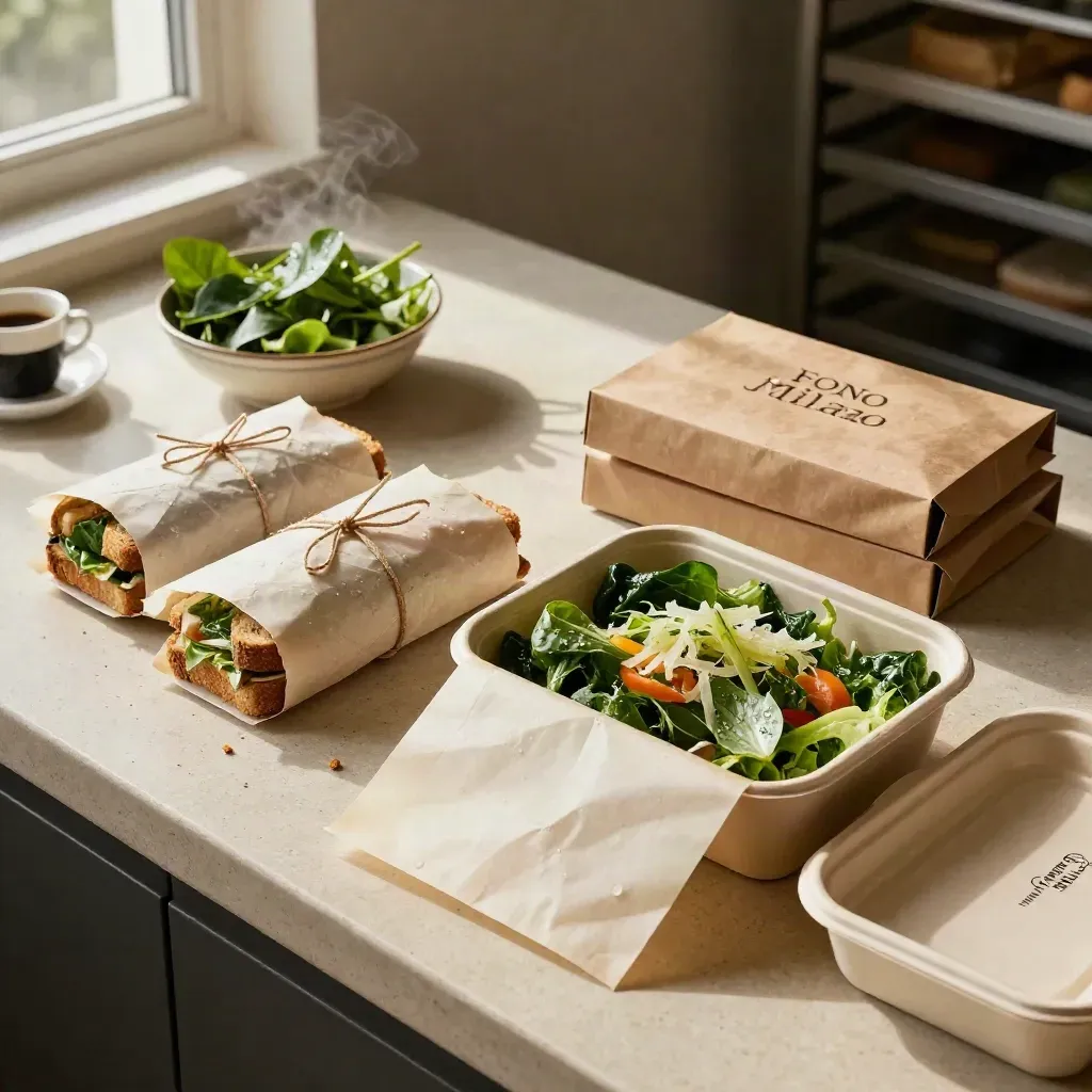 Panini, insalata e box pranzo su banco di panetteria con caffè e luce mattutina.
