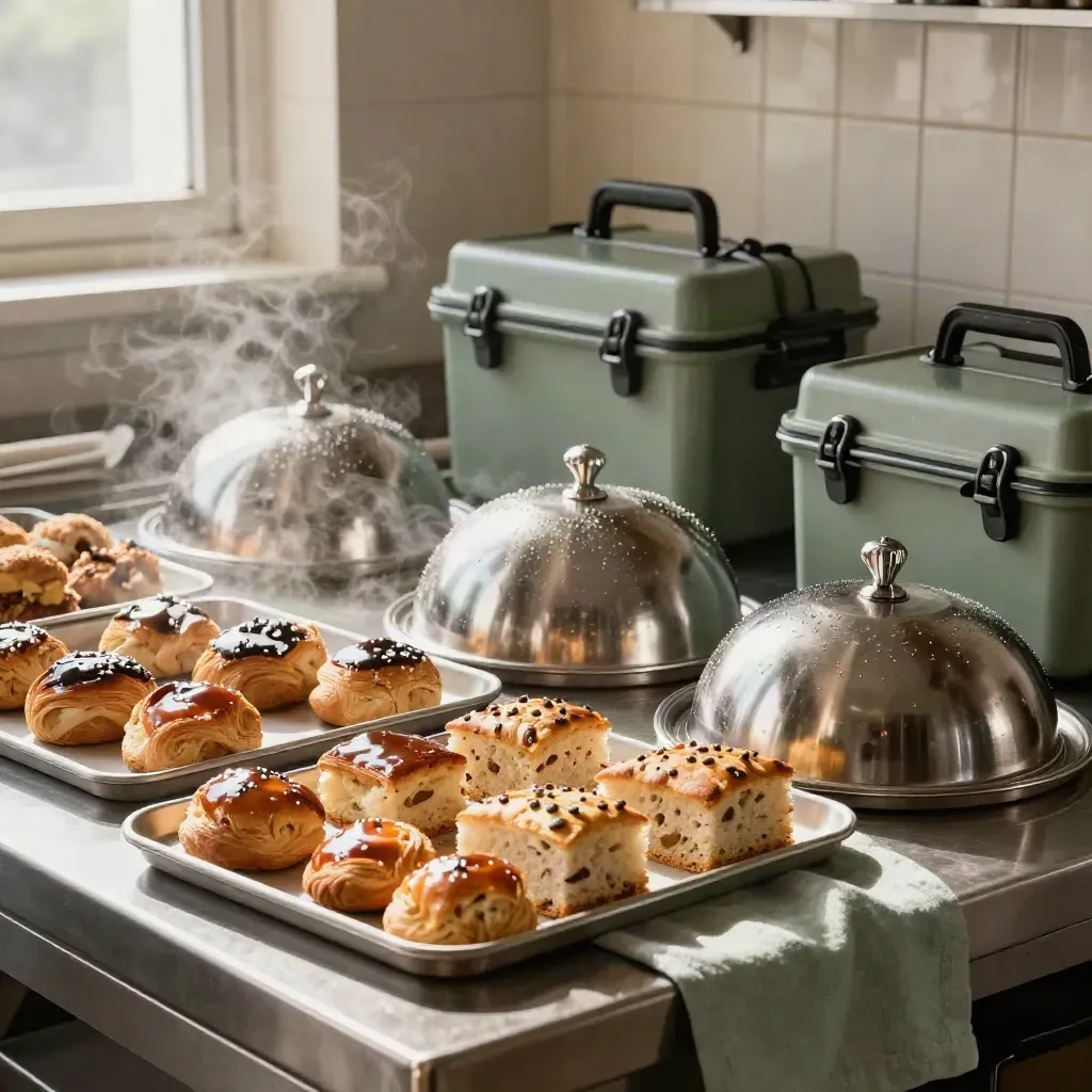 Vassoi catering, caffè e contenitori termici nella prep bakery, con vapore e luce drammatica