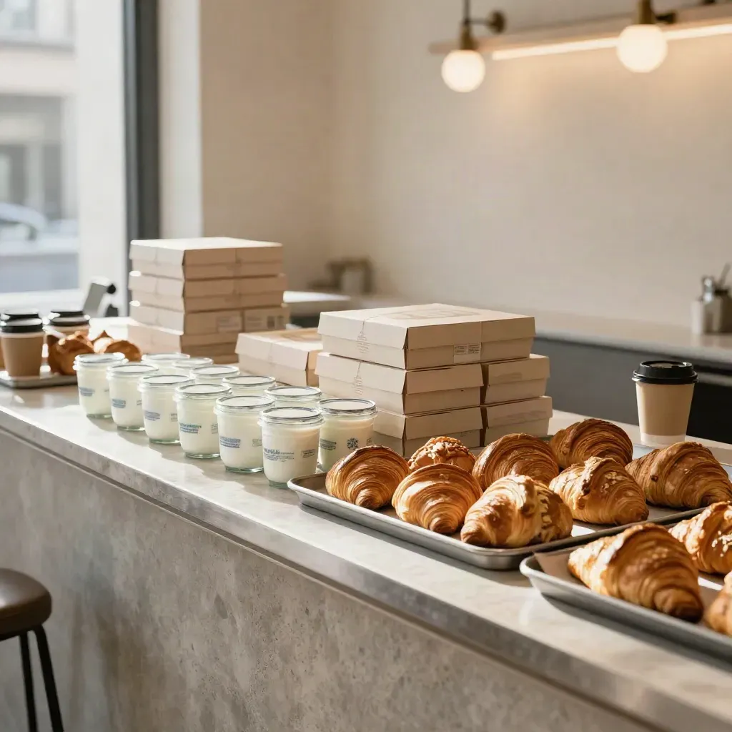 Banco colazioni pronto con box sigillate, cornetti, yogurt e bicchieri take-away per il ritiro veloce.