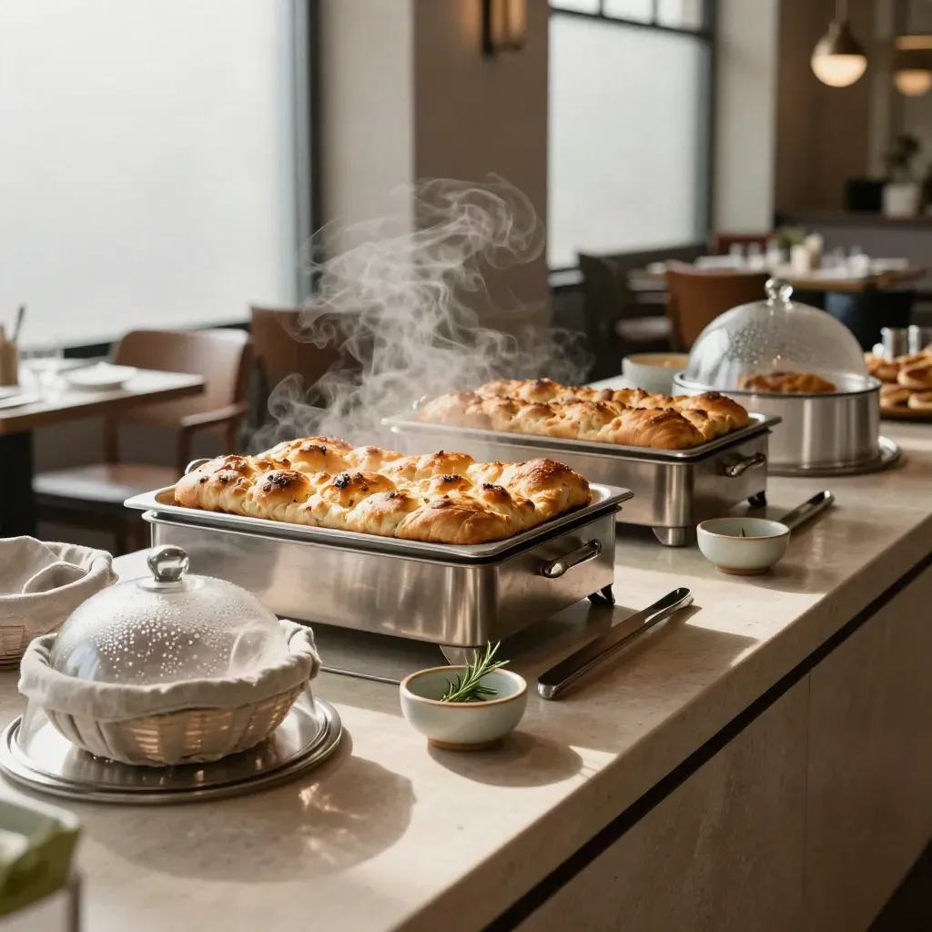 Buffet hotel con focacce calde, cestini di pane, cloche e vapore in una sala luminosa.