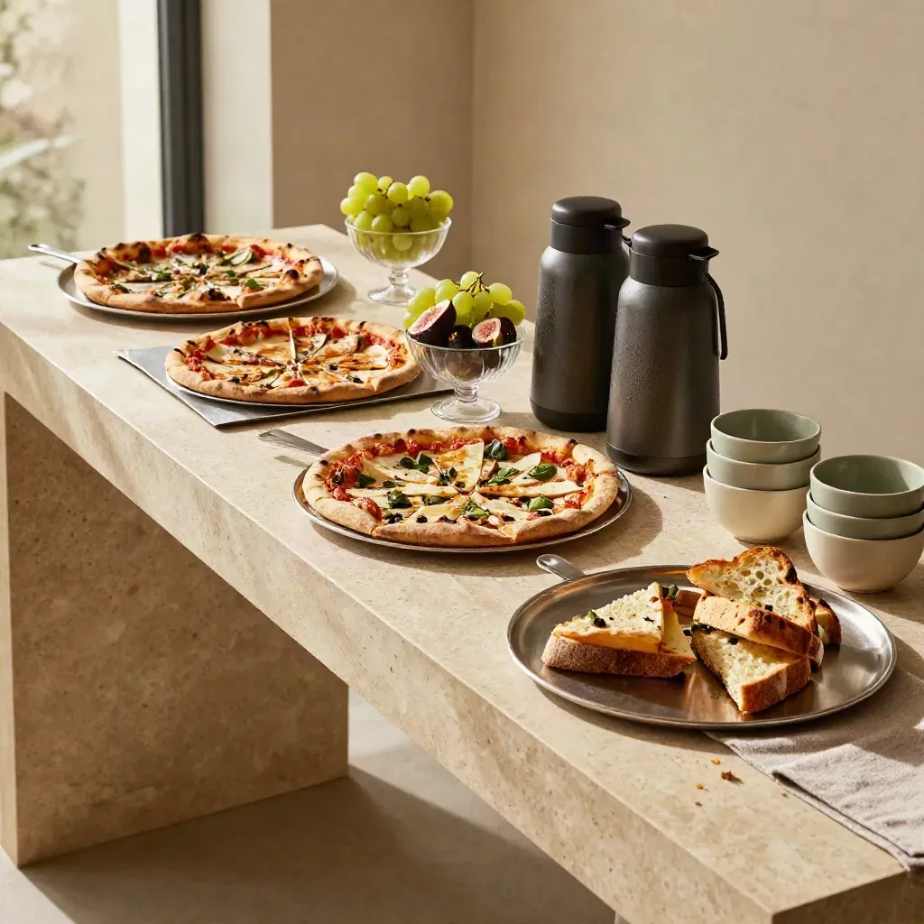 Buffet catering di Forno Milano con pizza, panini, frutta, caffè e tazze su sideboard.