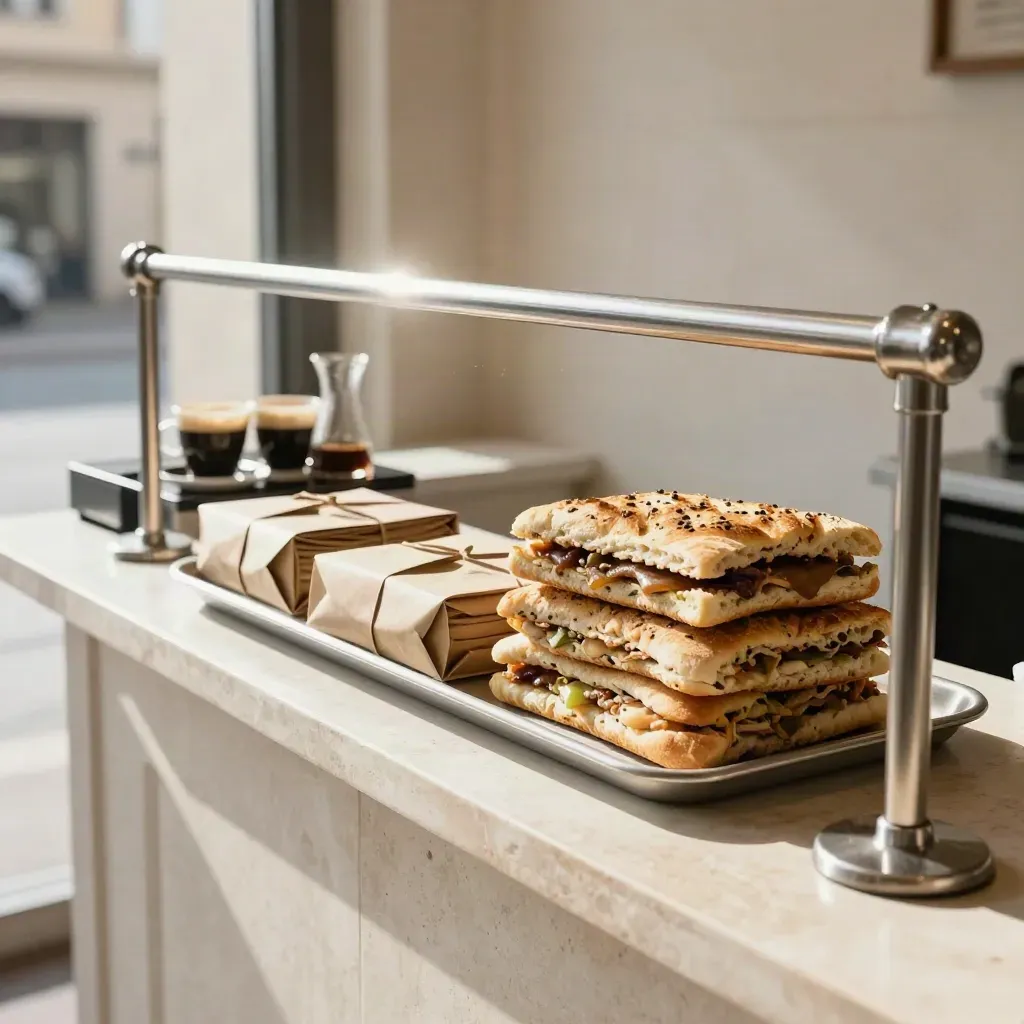 Panini pronti e caffè su banco di pietra con corsia d’attesa suggerita da montanti in acciaio.