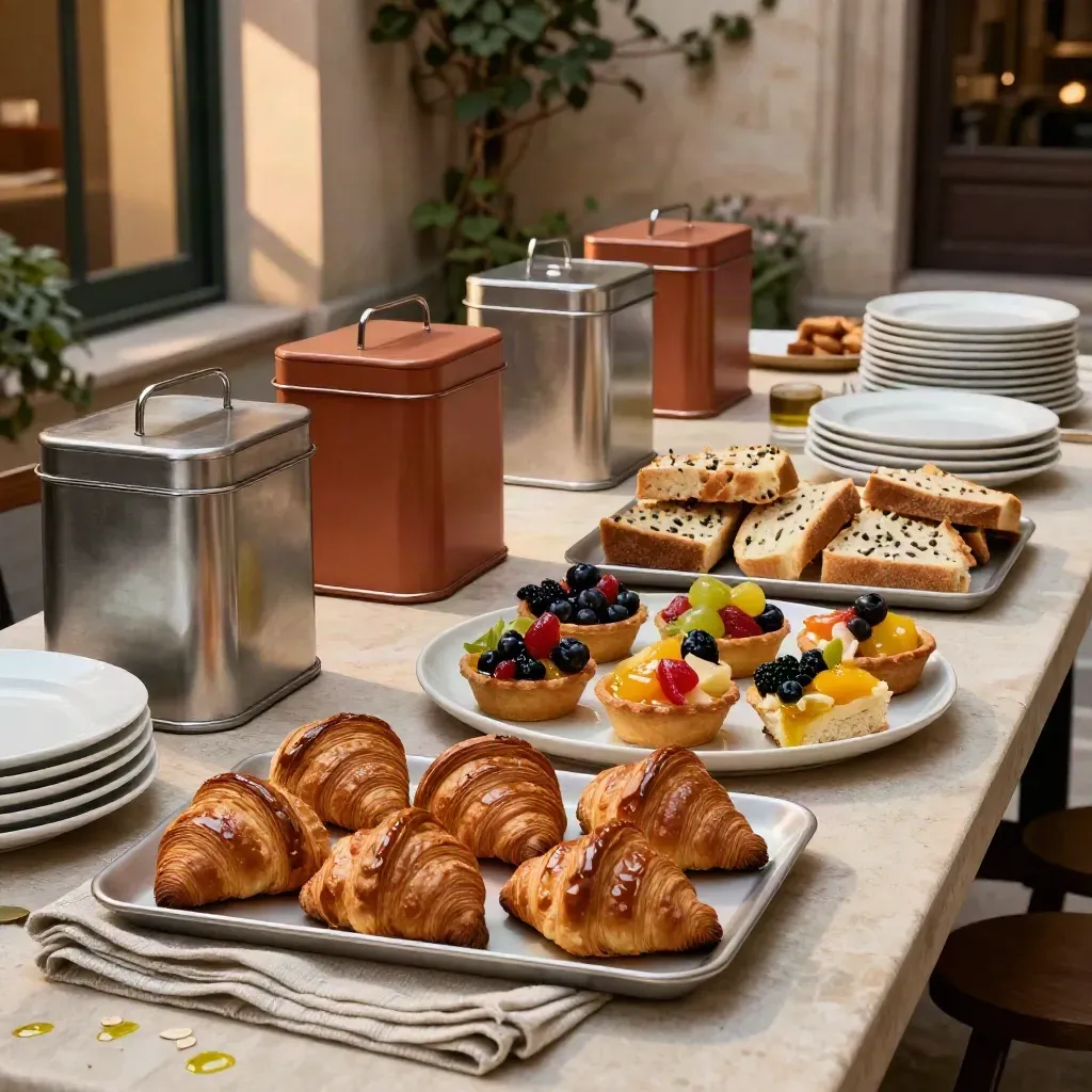 Tavolo di catering con focacce, dolci e contenitori riutilizzabili in un cortile caldo.