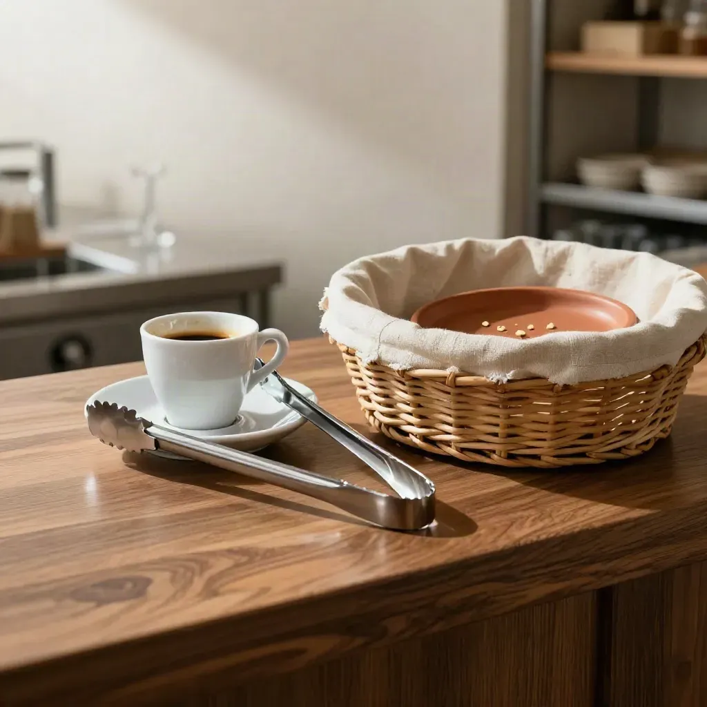 Oggetti del banco pasticceria con pinze, tazzina espresso, alzata e cestino pane in luce drammatica.