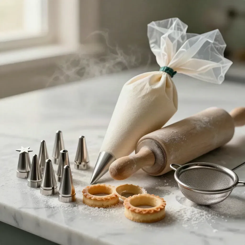 Attrezzi da pasticceria con sac à poche, beccucci, anelli da crostata e zucchero a velo.