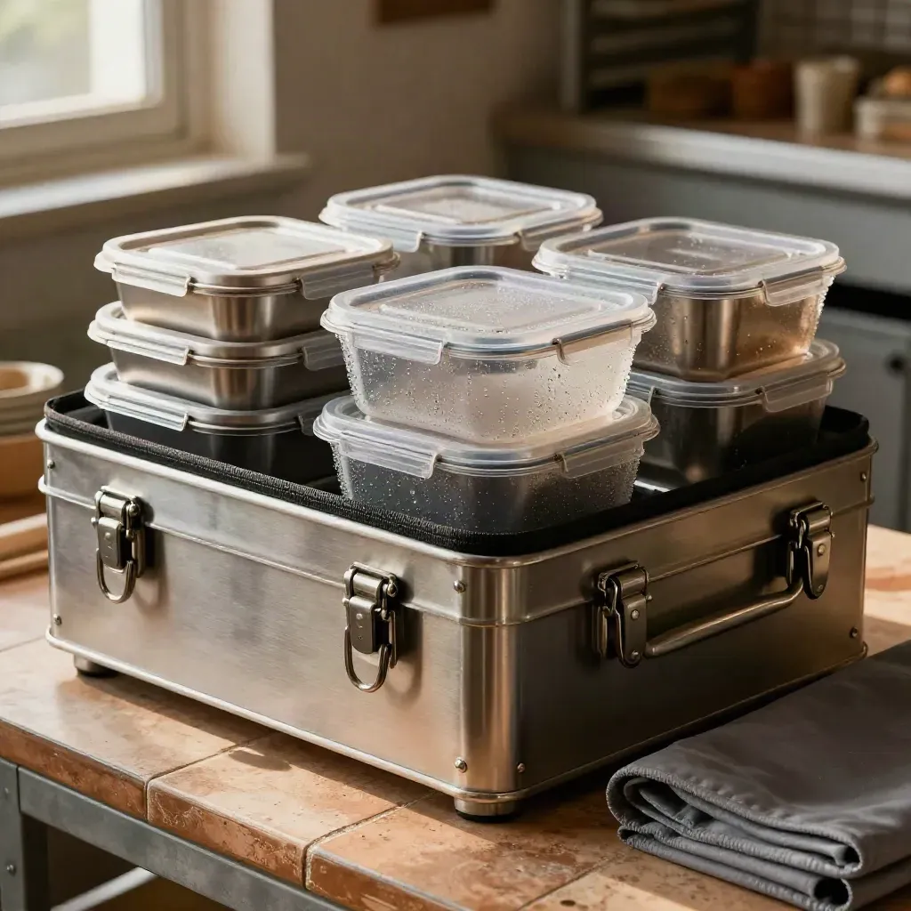 Carrellata overhead di contenitori termici, vasche gastronorm e coperta termica per catering