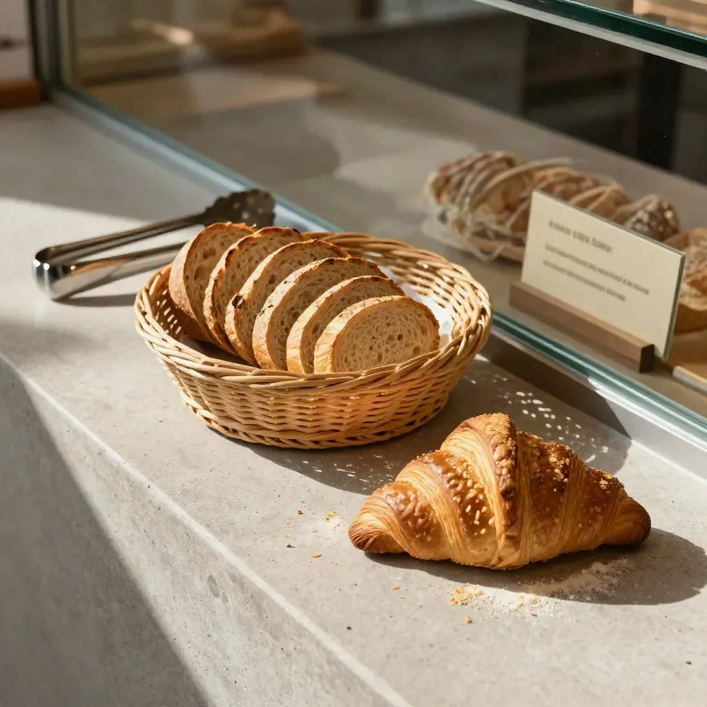 Piatto dall’alto con cesta di pane, croissant e pinze sul banco di una panetteria.