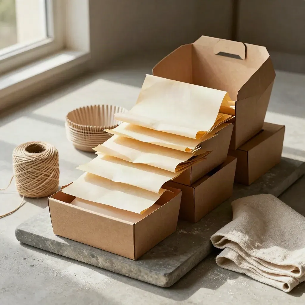 Kit ordine per panetteria su vassoio in pietra, con scatole, carta da forno e spago.