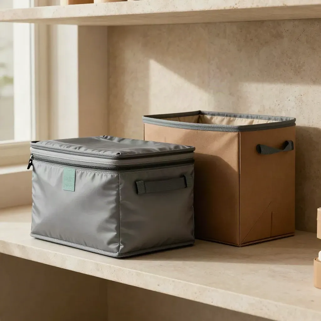 Shelf di ritiro e consegna con borsa termica, scatola da forno e contenitore compatto.