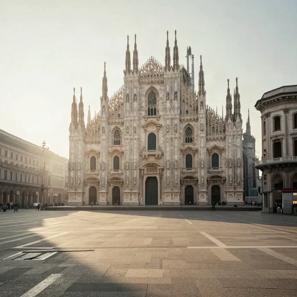 Veduta ampia del Duomo di Milano sopra una piazza chiara e vuota nella prima luce.