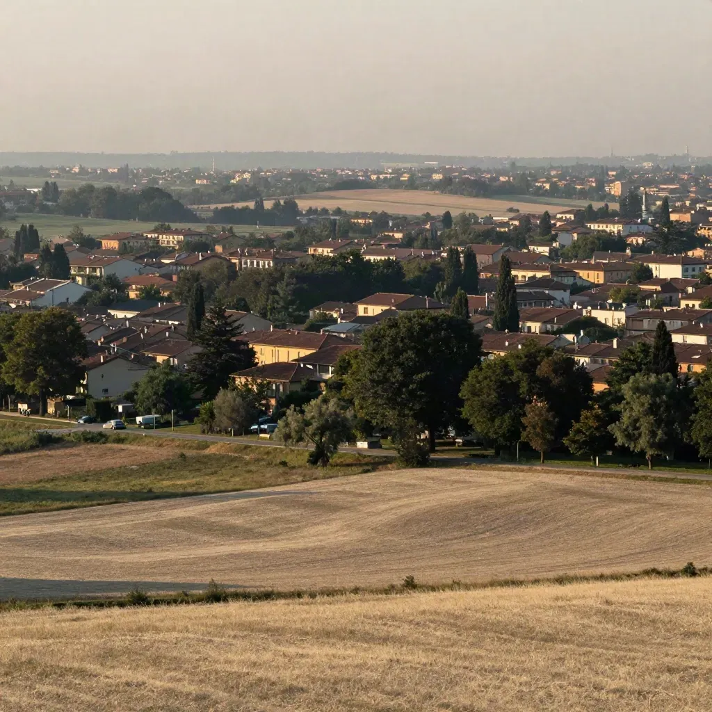 Hinterland di Monza al tramonto, tetti bassi e campi avvolti nella foschia