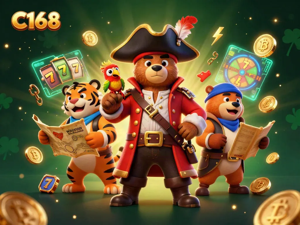 Experience thrilling jackpots with C168 as pirate characters discover treasures amidst glowing crypto coins.